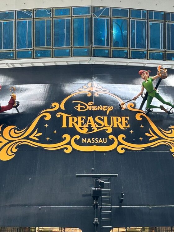 Peter Pan and Captain Hook Adorn the Stern of the Disney Treasure