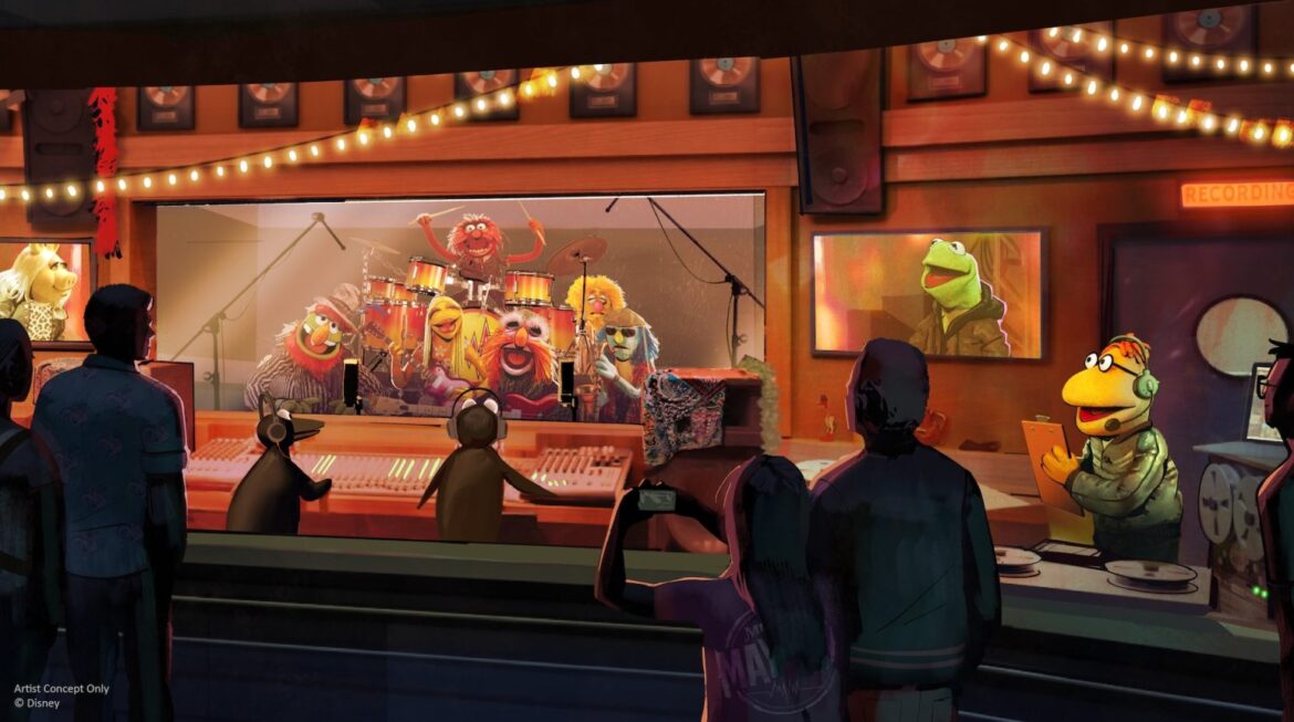 Scooter Audio-Animatronic with penguin engineers in Muppets roller coaster pre-show