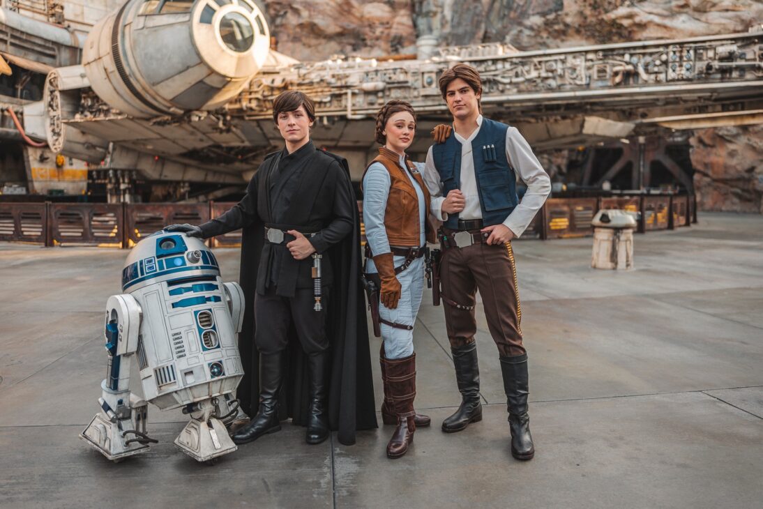 Princess Leia, Han Solo, and Luke Skywalker in Star Wars: Galaxy's Edge